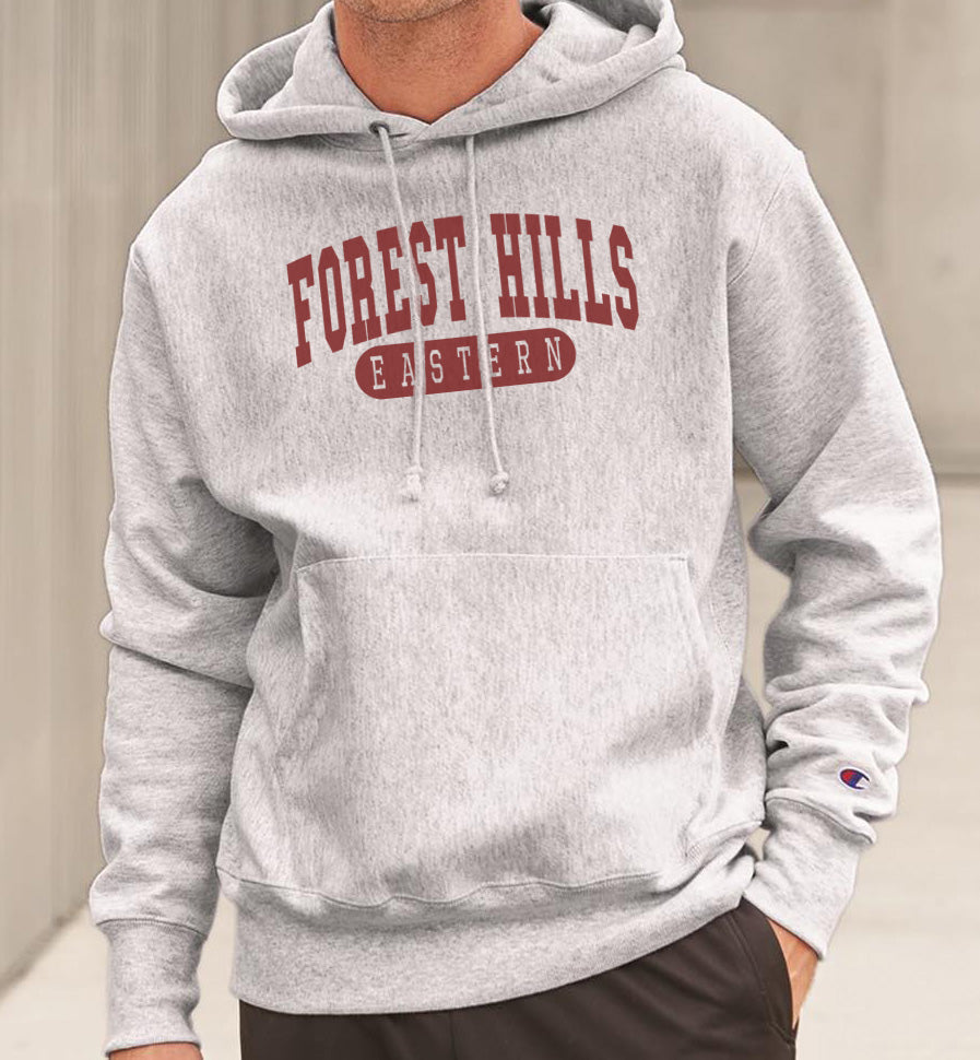 FOREST HILLS EASTERN in CRIMSON Reverse Weave Champion Hoodie Sweatshirt