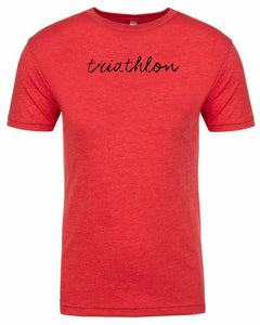 Men's short sleeve triathlon tshirt "triathlon" black ink on red by Endurance Apparel