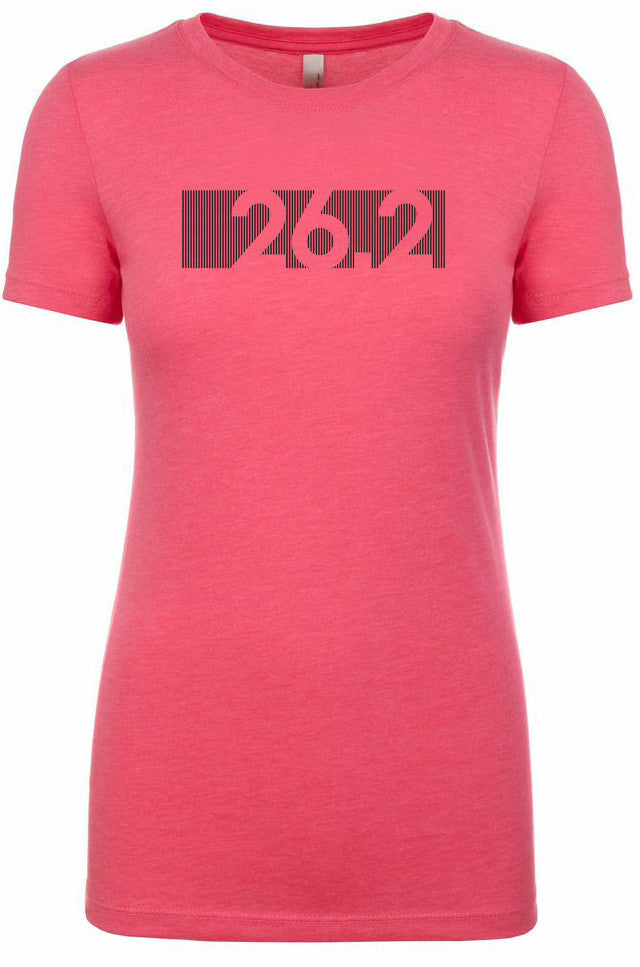 Woman's short sleeve tshirt "26.2 barcode" black on pink by Endurance Apparel