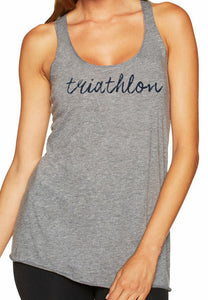 Woman's racer back tank top "triathlon" navy on gray by Endurance Apparel