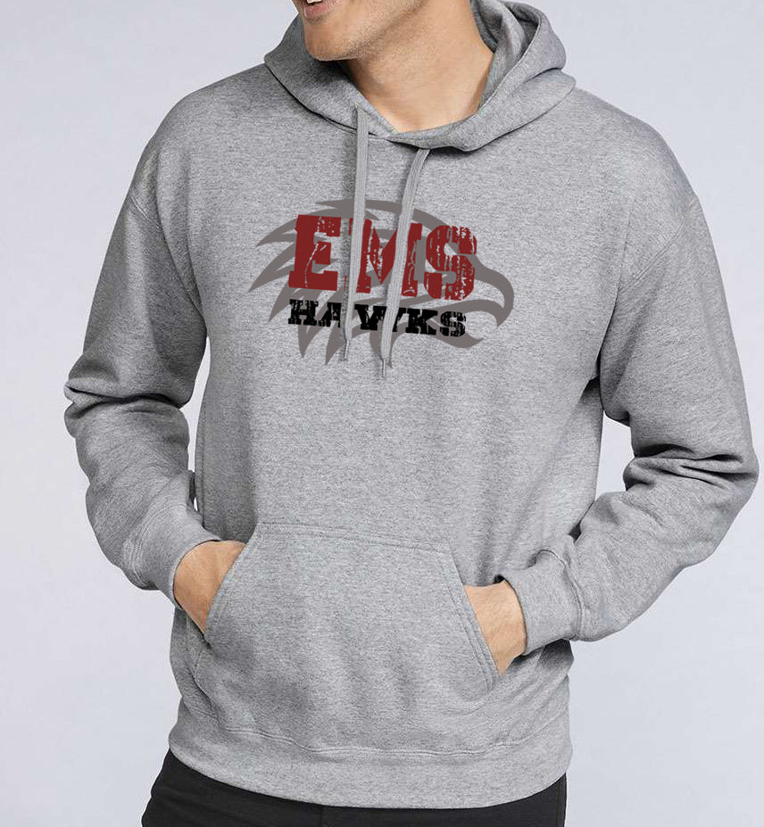 EMS HAWKS DISTRESSED W/HAWK Gildan hoodie (Youth Sizes Available)