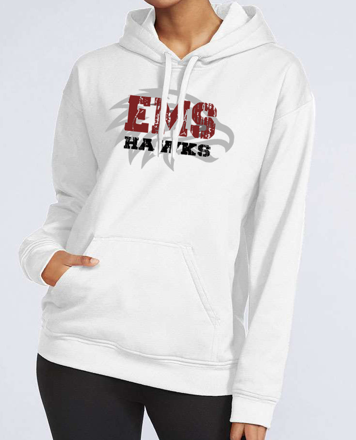 EMS HAWKS DISTRESSED W/HAWK white Gildan hoodie (Youth Sizes Available)