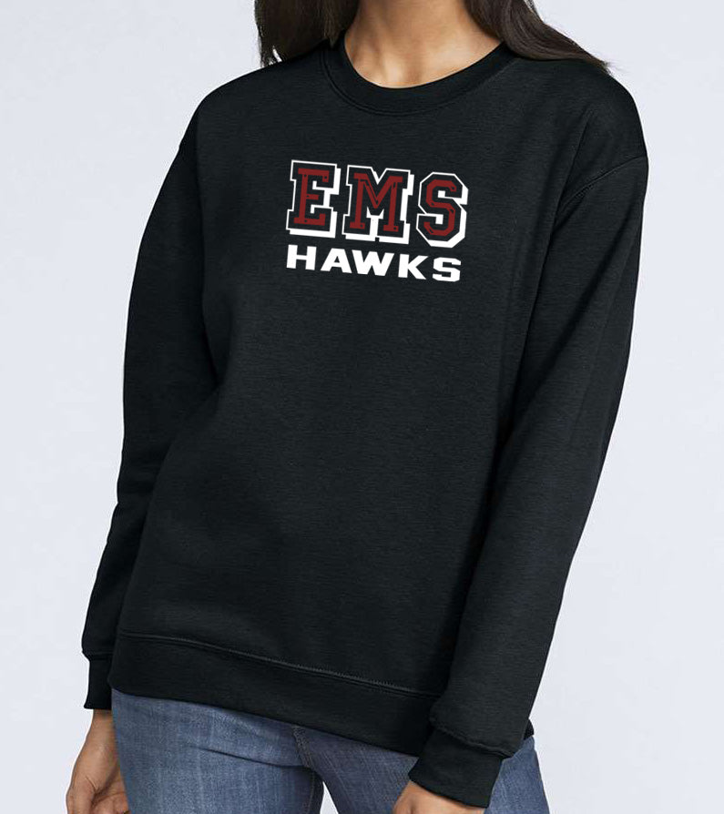 EMS HAWKS on black Gildan Crewneck Sweatshirt (Youth Sizes Available)