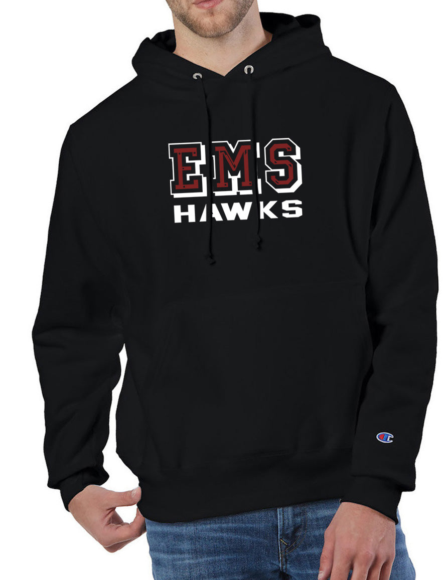 EMS HAWKS on black Reverse Weave Champion Hoodie Sweatshirt