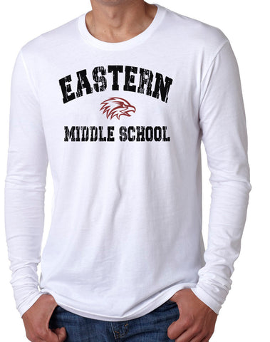 EMS EASTERN MIDDLE SCHOOL DISTRESSED on white Long sleeve T-Shirt (Available in Youth Sizes)