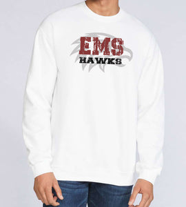 EMS HAWKS DISTRESSED W/HAWK white Gildan Crewneck Sweatshirt (Youth Sizes Available)