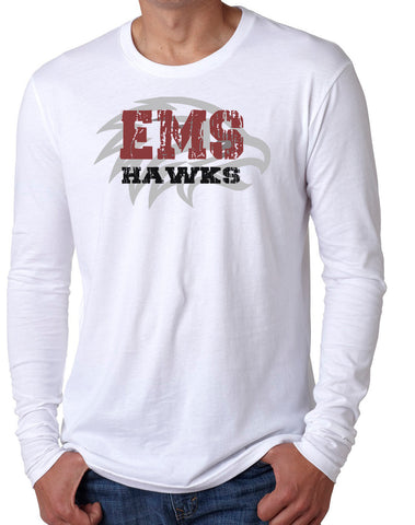 EMS HAWKS DISTRESSED W/HAWK on white Long sleeve T-Shirt (Available in Youth Sizes)