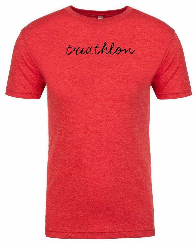 Men's short sleeve triathlon tshirt "triathlon" black ink on red by Endurance Apparel