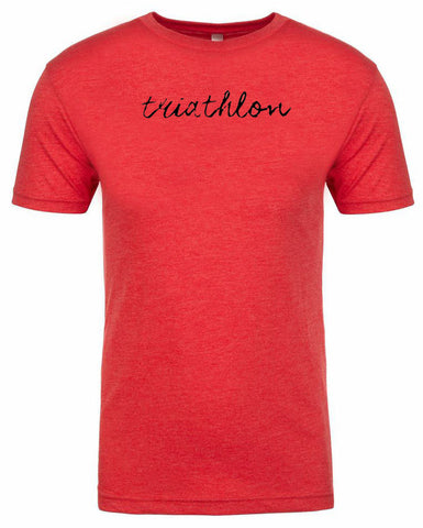 Men's short sleeve triathlon tshirt "triathlon" black ink on red by Endurance Apparel