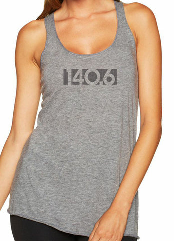 Woman's racer back tank top "140.6 BAR CODE" black on grey by Endurance Apparel