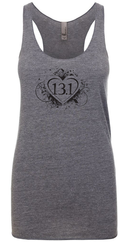 Woman's racer back tank top "13.1 heart" black on gray by Endurance Apparel